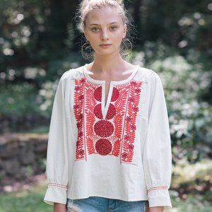 Embroidered Sundial Blouse in Natural/ Red